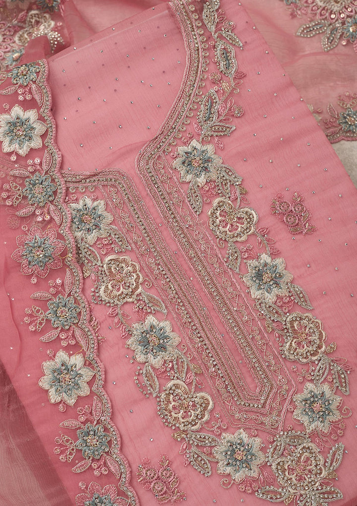 Onion Pink Zariwork (Silver) Organza Unstitched Salwar Suit_koskii