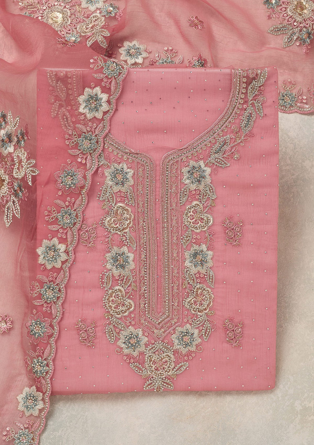Onion Pink Zariwork (Silver) Organza Unstitched Salwar Suit_koskii