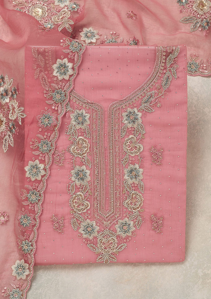 Onion Pink Zariwork (Silver) Organza Unstitched Salwar Suit_koskii