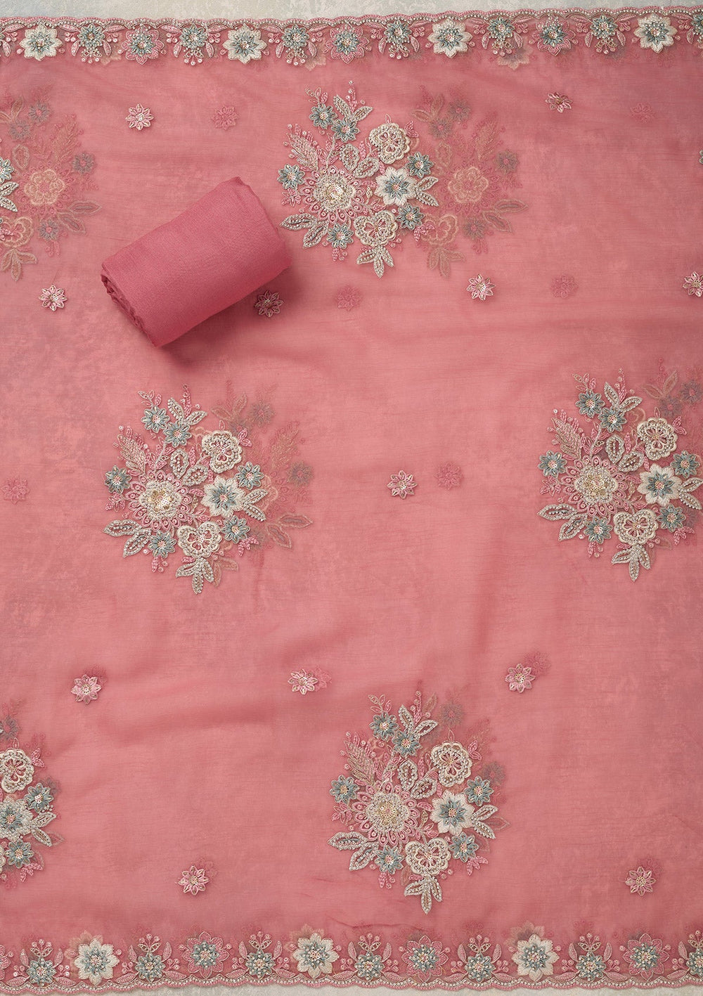 Onion Pink Zariwork (Silver) Organza Unstitched Salwar Suit_koskii