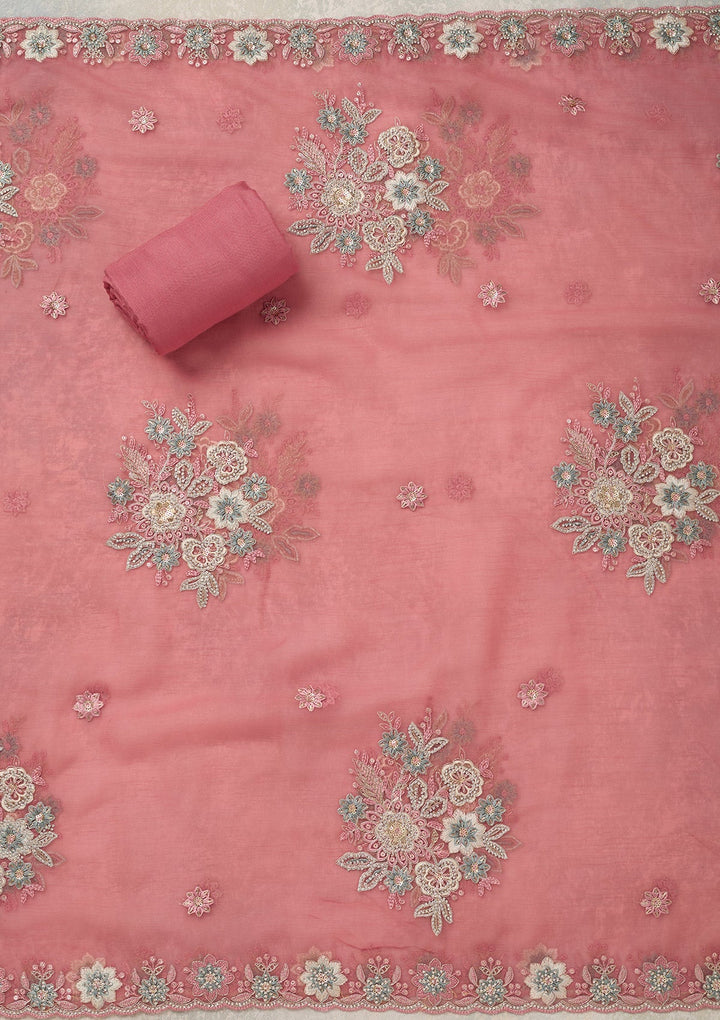 Onion Pink Zariwork (Silver) Organza Unstitched Salwar Suit_koskii