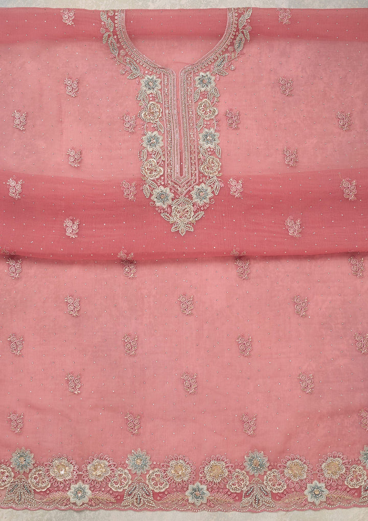 Onion Pink Zariwork (Silver) Organza Unstitched Salwar Suit_koskii