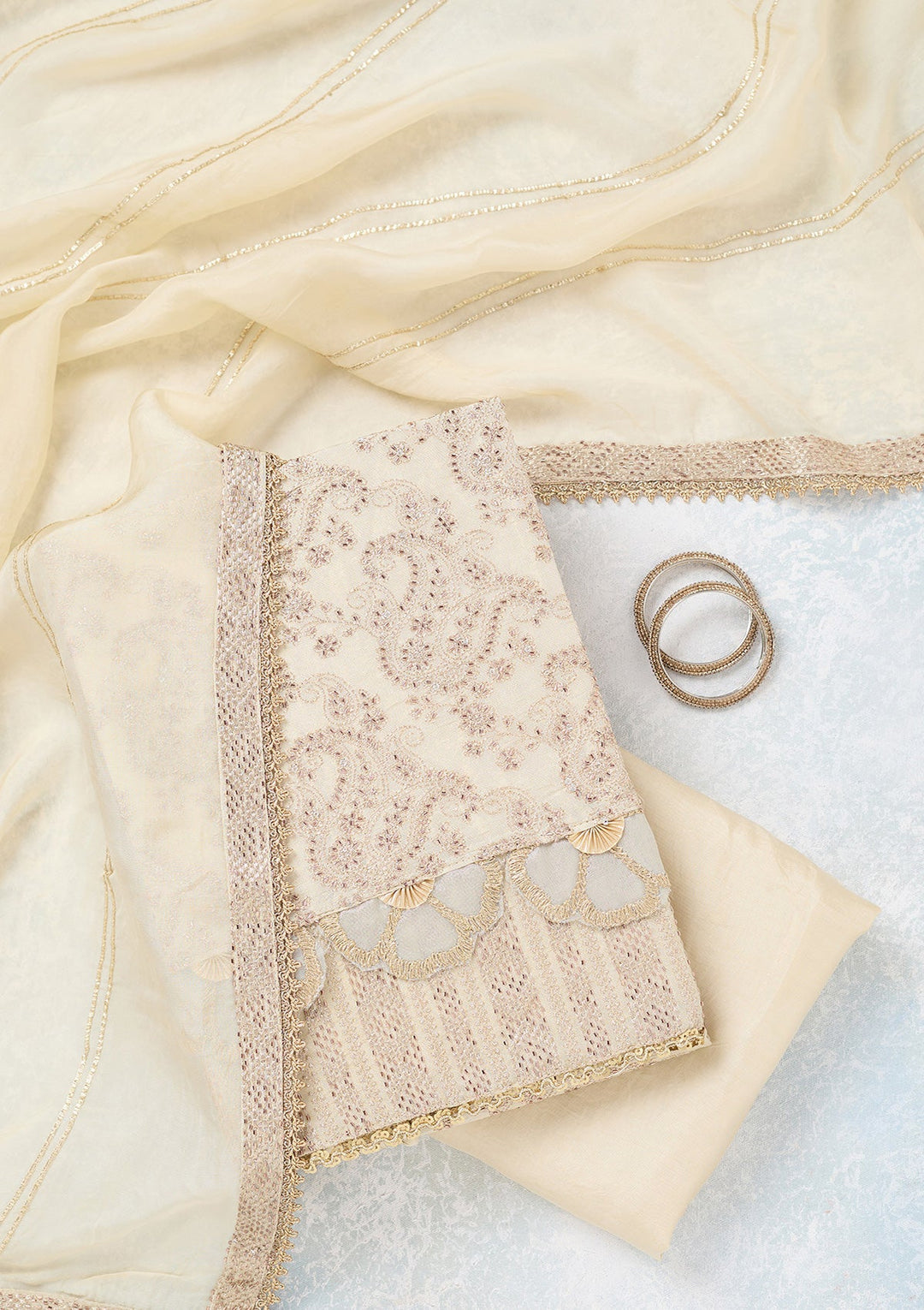 Cream Zariwork Tissue Unstitched Salwar Suit-koskii