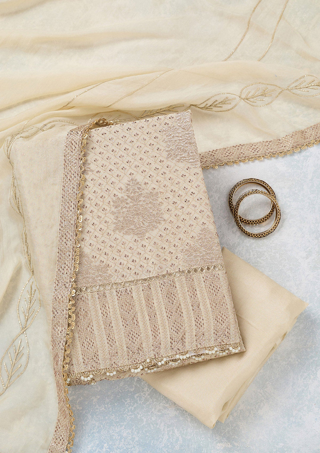 Cream Zariwork Tissue Unstitched Salwar Suit-koskii