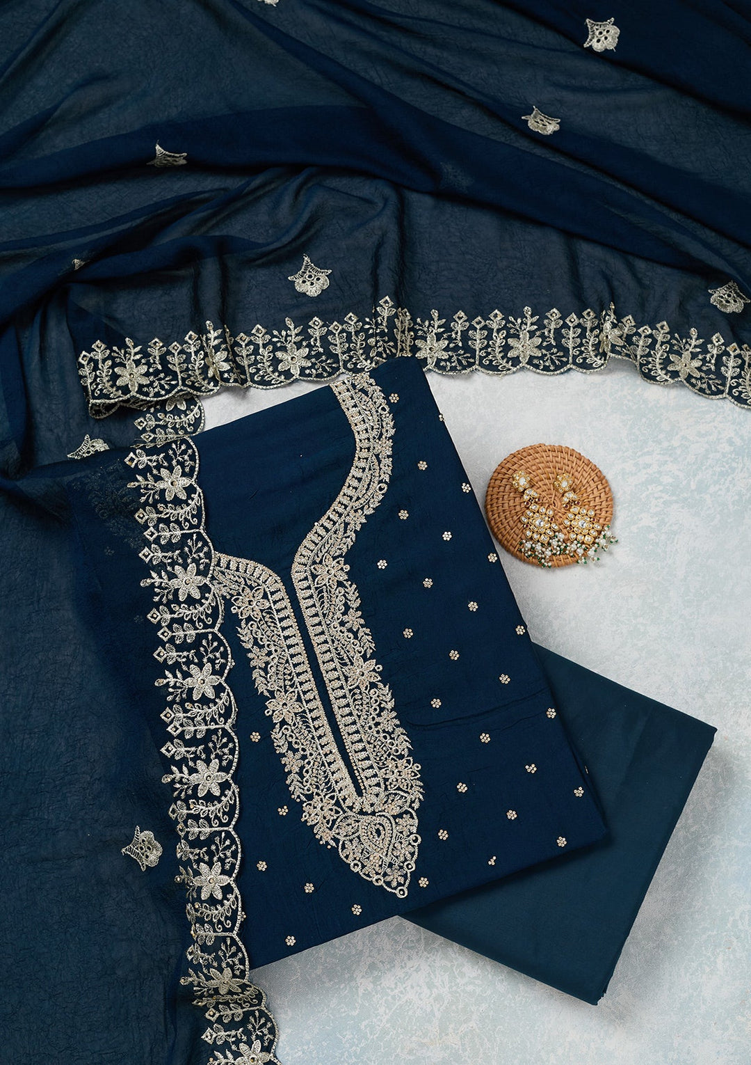 Peacock Blue Zariwork (Gold) Soft Raw Silk Unstitched Salwar Suit-Koskii