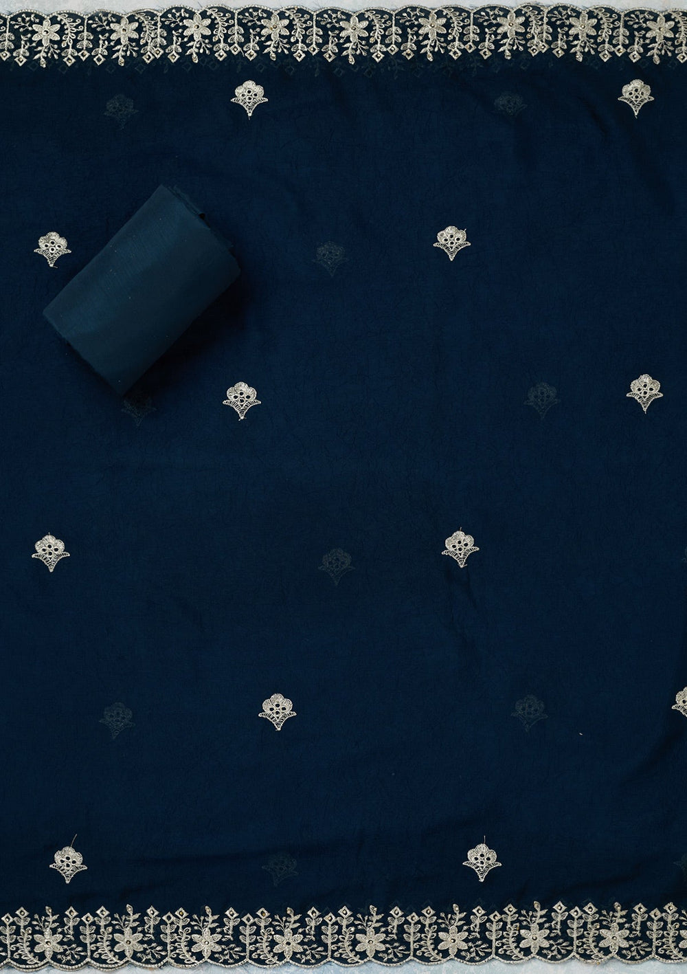 Peacock Blue Zariwork (Gold) Soft Raw Silk Unstitched Salwar Suit-Koskii