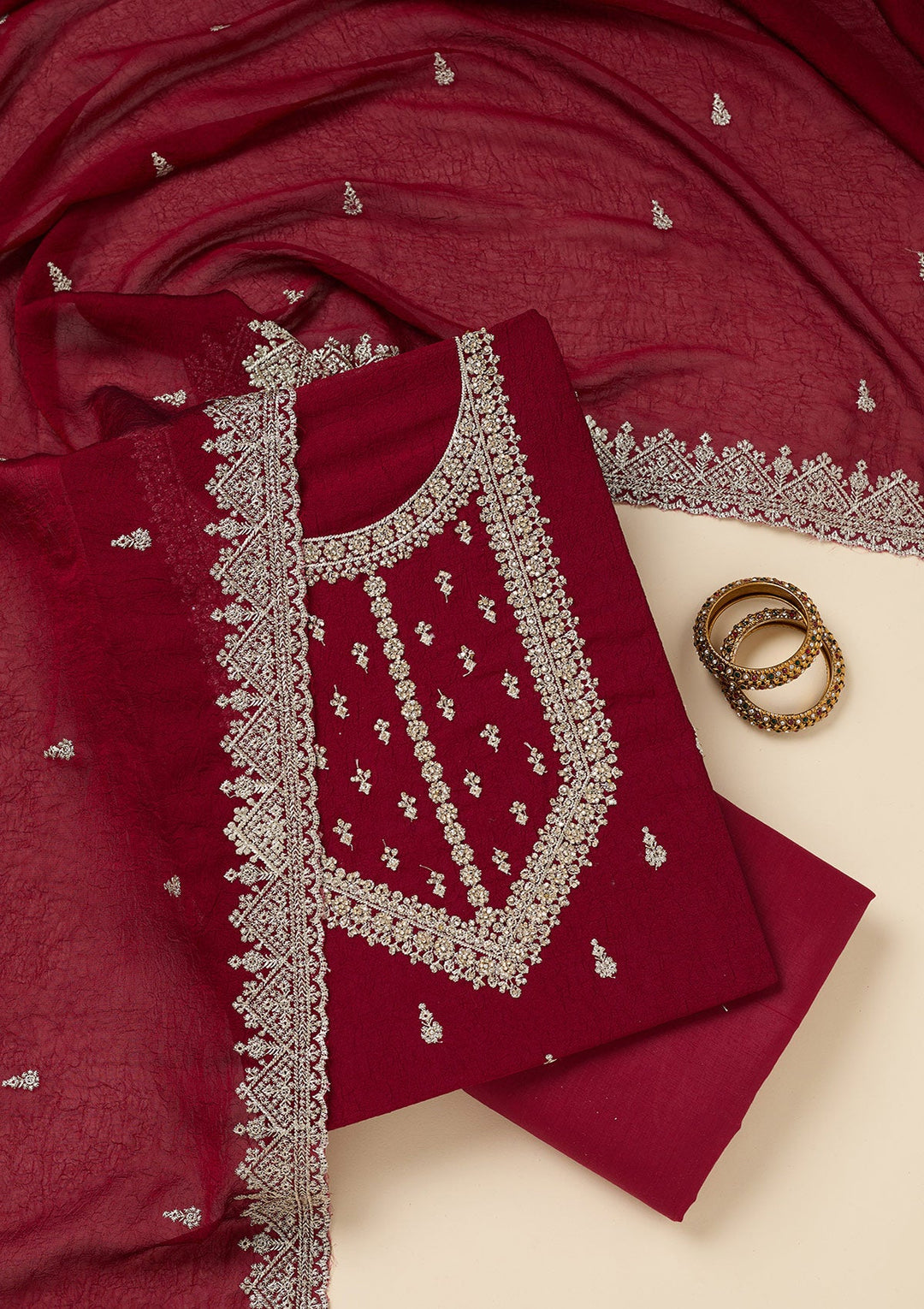 Maroon Zardozi (Gold) Soft Raw Silk Unstitched Salwar Suit-Koskii