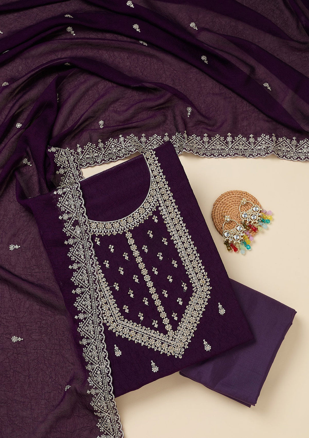 Purple Zardozi (Gold) Soft Raw Silk Unstitched Salwar Suit-Koskii