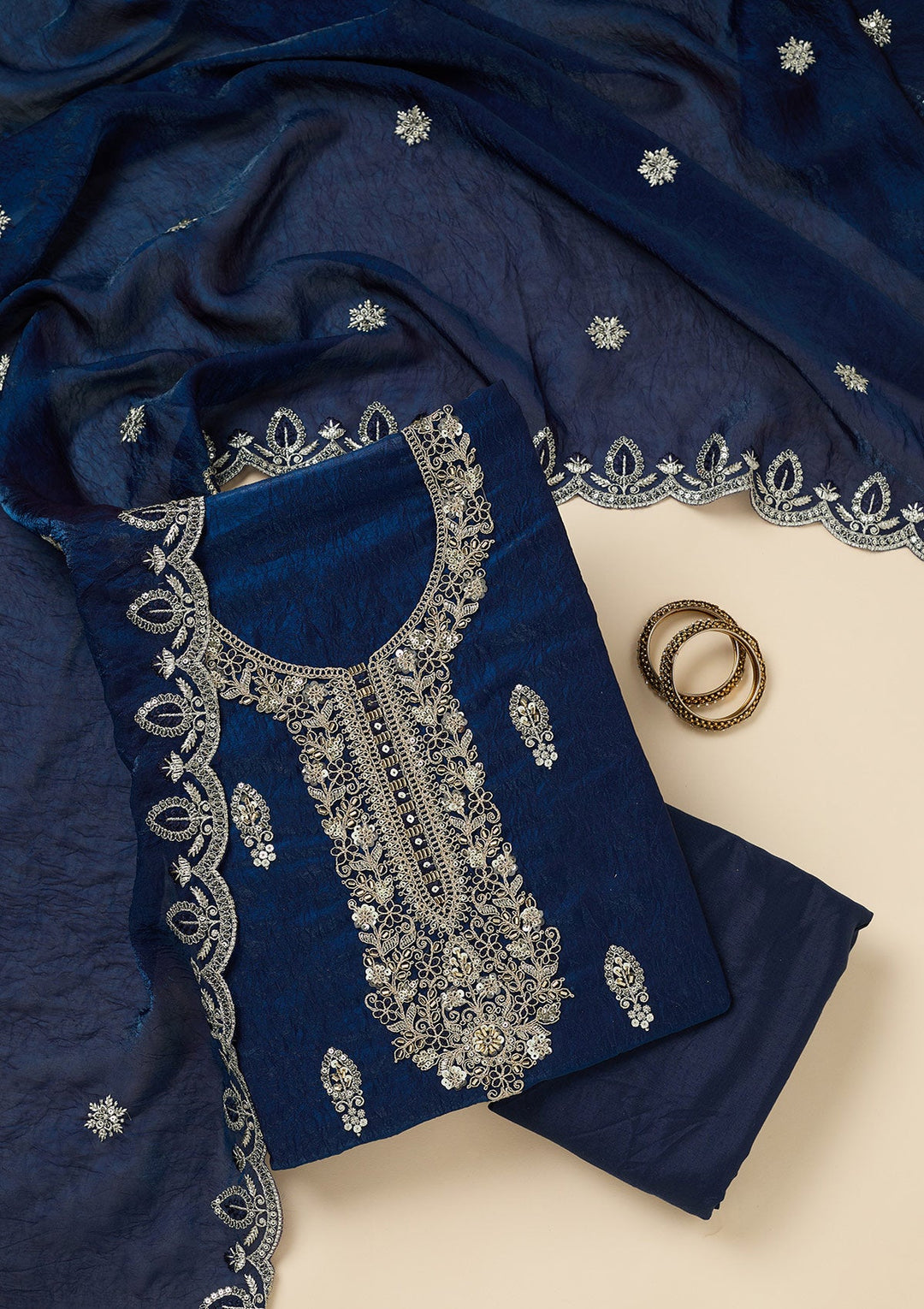 Navy Blue Cutdana Soft Raw Silk Unstitched Salwar Suit-Koskii