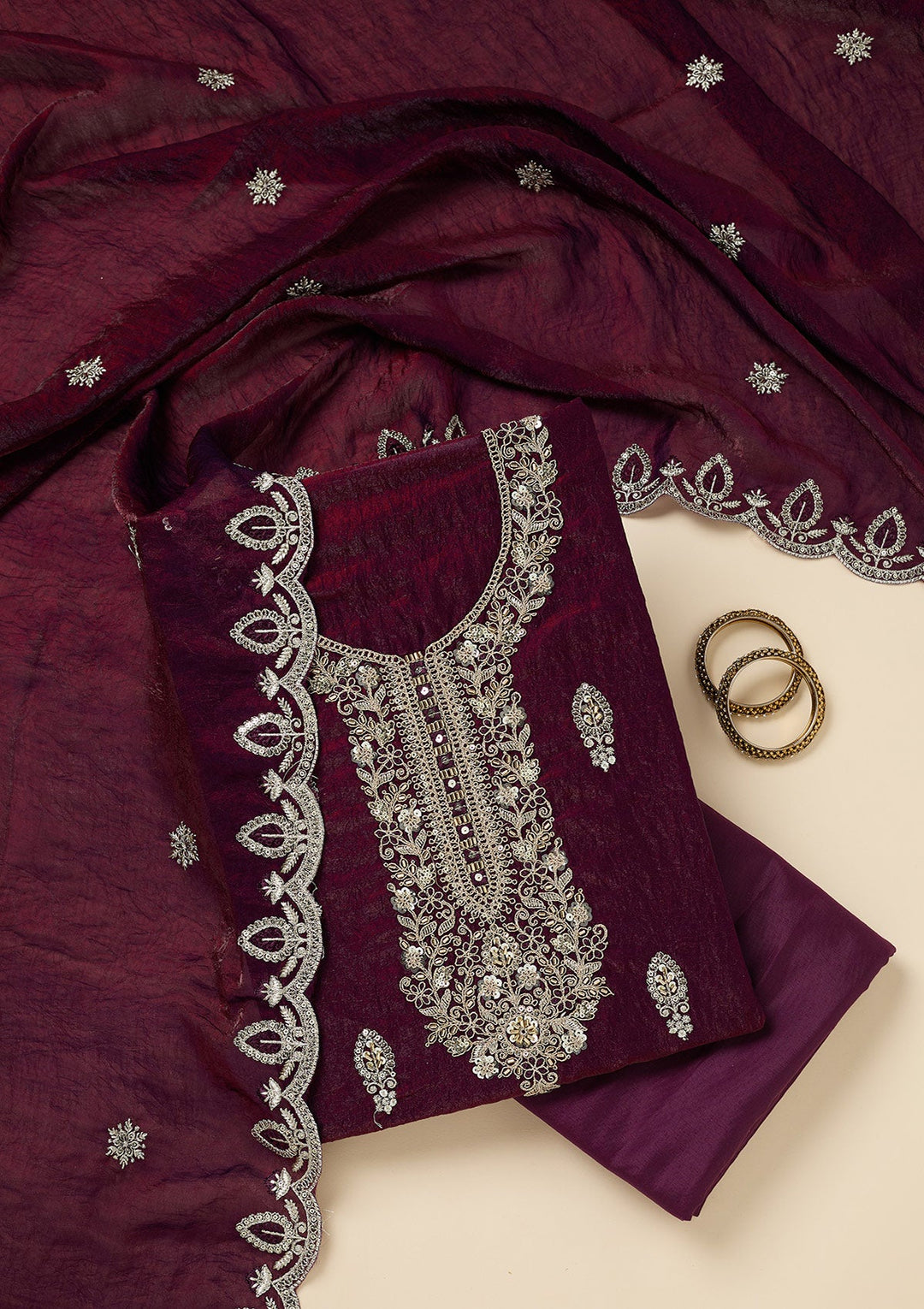 Wine Cutdana Soft Raw Silk Unstitched Salwar Suit-Koskii