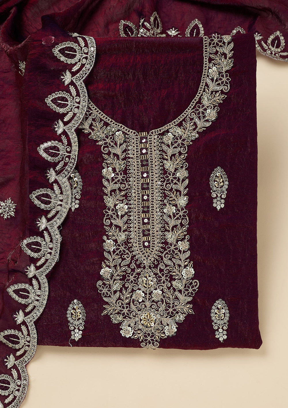 Wine Cutdana Soft Raw Silk Unstitched Salwar Suit-Koskii