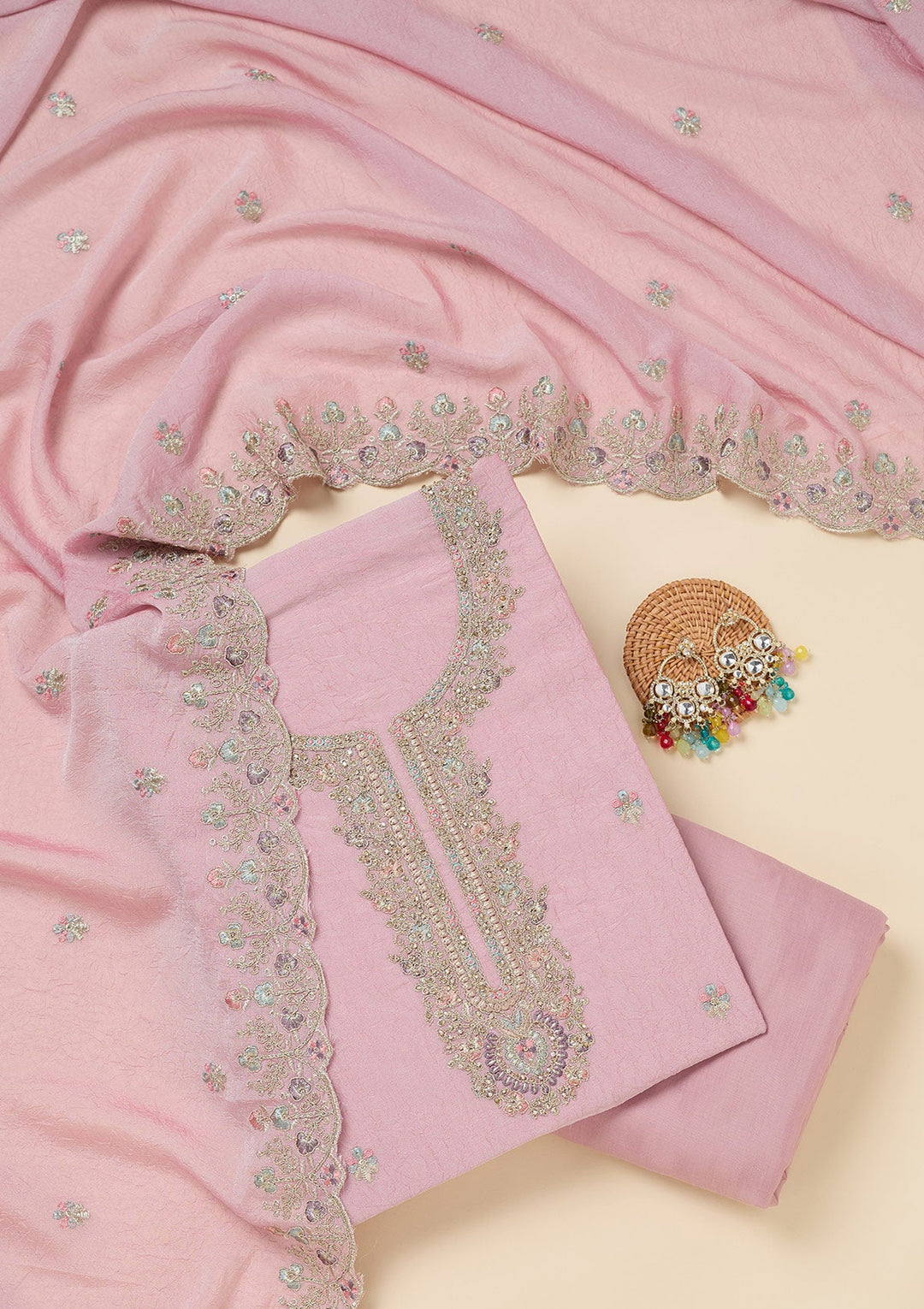 Pink Zariwork (Gold) Chinon Unstitched Salwar Suit-Koskii