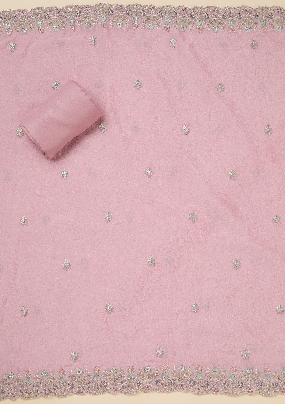 Pink Zariwork (Gold) Chinon Unstitched Salwar Suit-Koskii