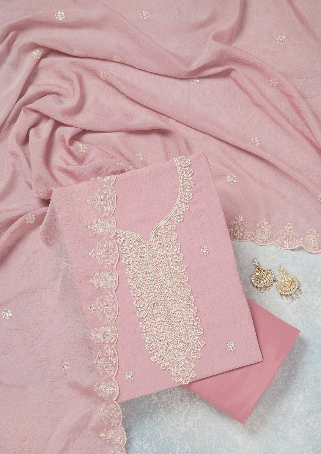 Pink Pearlwork Soft Raw Silk Unstitched Salwar Suit-Koskii