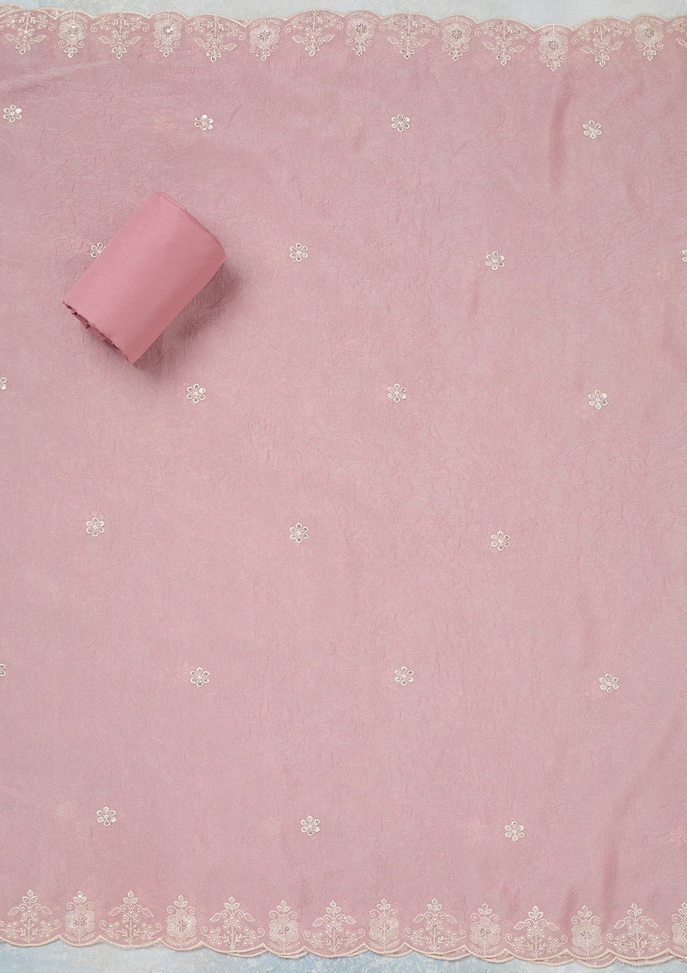 Pink Pearlwork Soft Raw Silk Unstitched Salwar Suit-Koskii