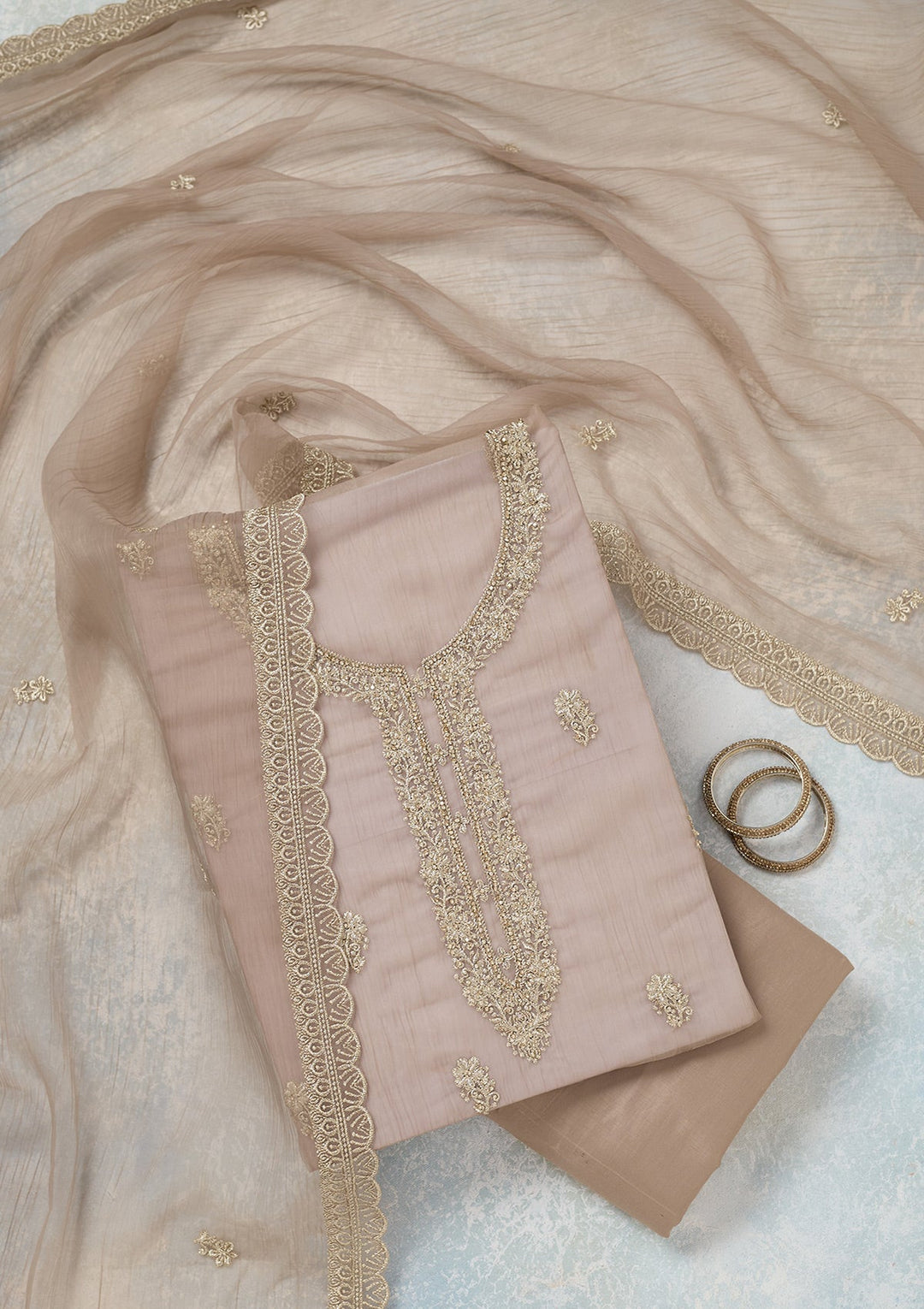 Light Brown Zariwork (Gold) Chiffon Unstitched Salwar Suit-Koskii