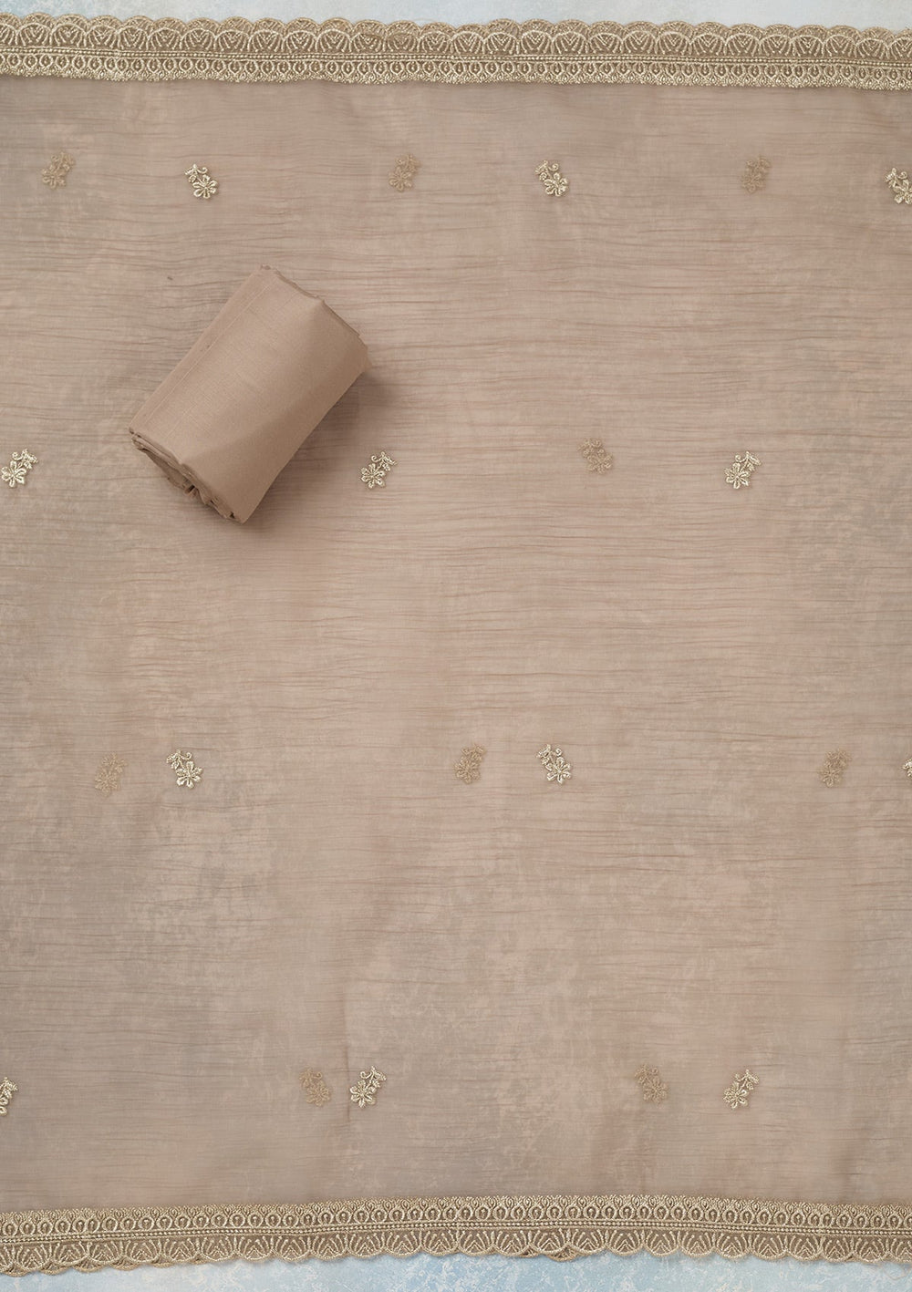 Light Brown Zariwork (Gold) Chiffon Unstitched Salwar Suit-Koskii