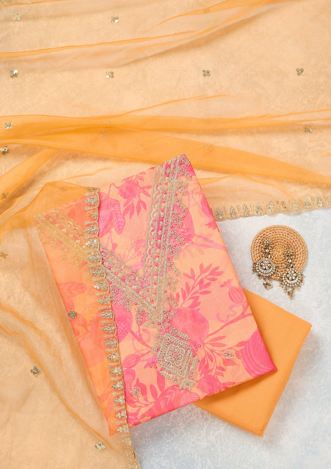 Orange Zariwork (Gold) Organza Unstitched Salwar Suit-koskii