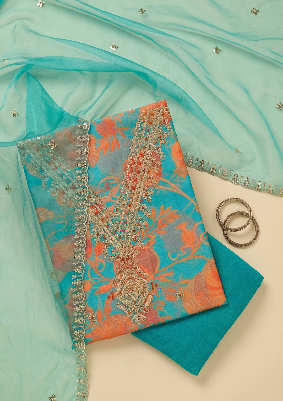 Turquoise Blue Zariwork (Gold) Organza Unstitched Salwar Suit_koskii