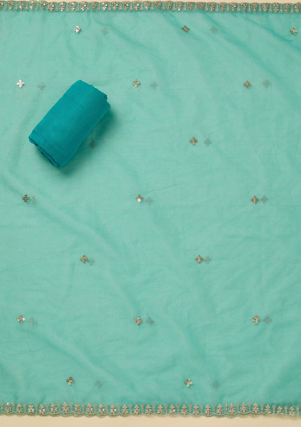 Turquoise Blue Zariwork (Gold) Organza Unstitched Salwar Suit_koskii