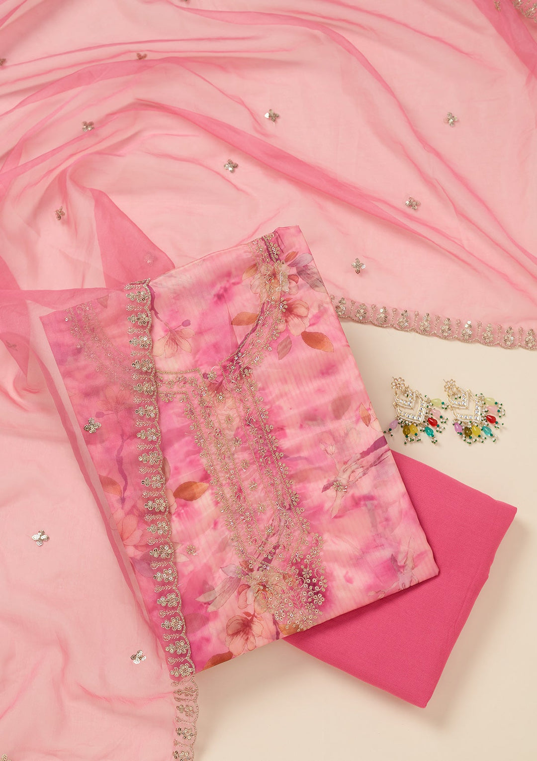 Pink Zariwork (Gold) Organza Unstitched Salwar Suit_koskii