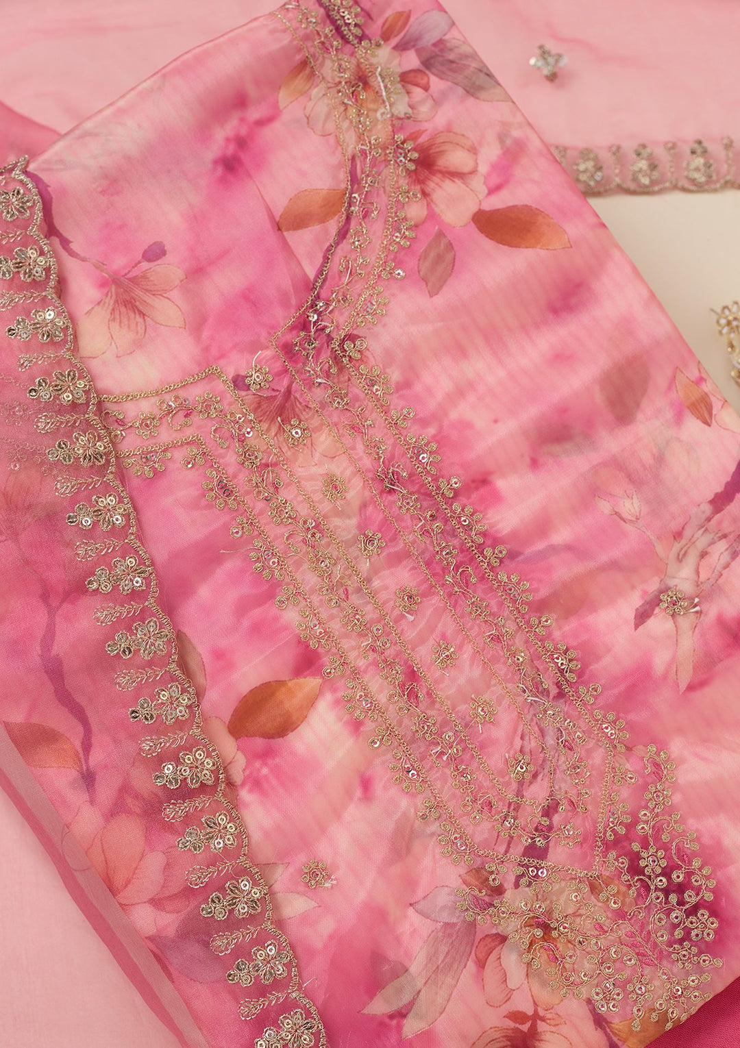 Pink Zariwork (Gold) Organza Unstitched Salwar Suit_koskii