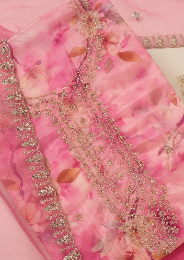 Pink Zariwork (Gold) Organza Unstitched Salwar Suit_koskii
