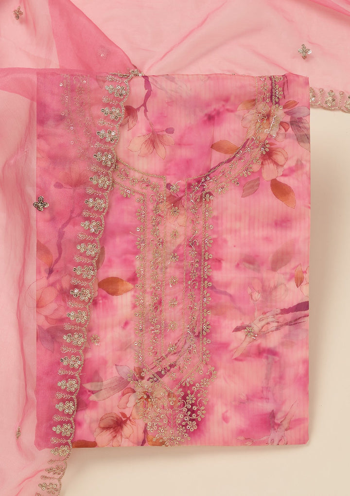 Pink Zariwork (Gold) Organza Unstitched Salwar Suit_koskii