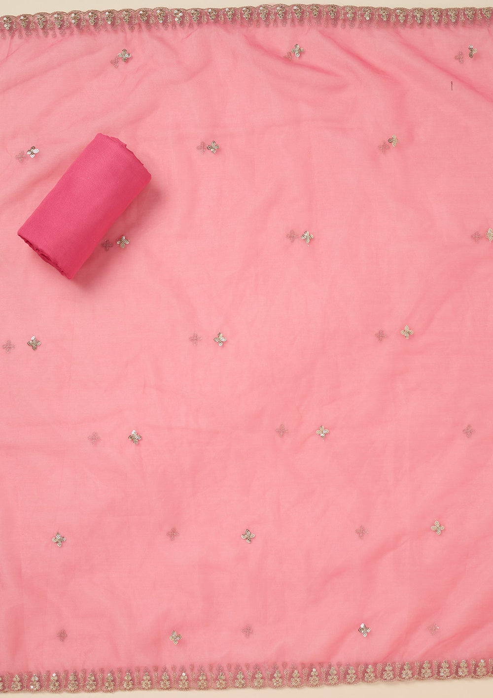 Pink Zariwork (Gold) Organza Unstitched Salwar Suit_koskii