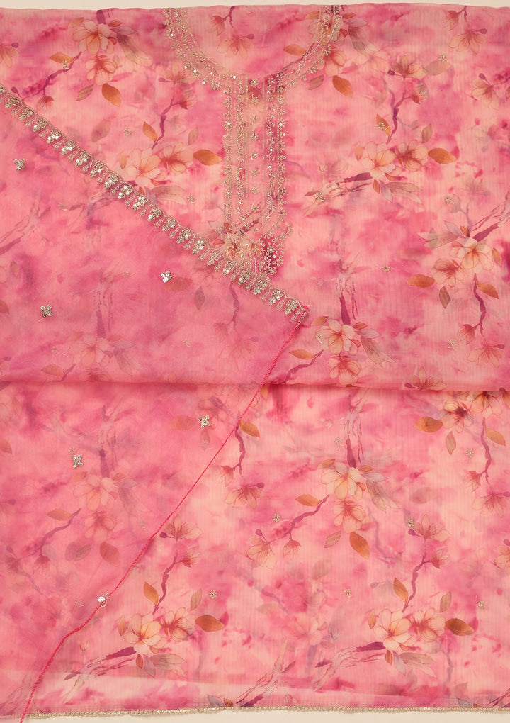 Pink Zariwork (Gold) Organza Unstitched Salwar Suit_koskii