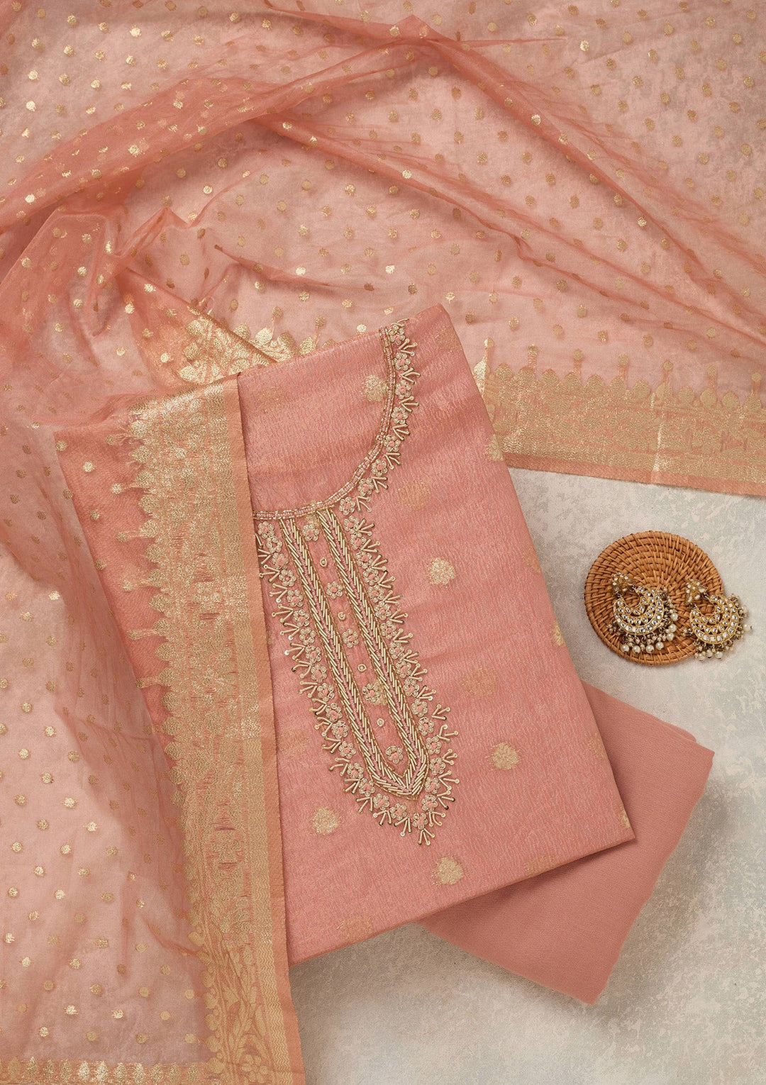 Peach Pearlwork Tissue Unstitched Salwar Suit_koskii