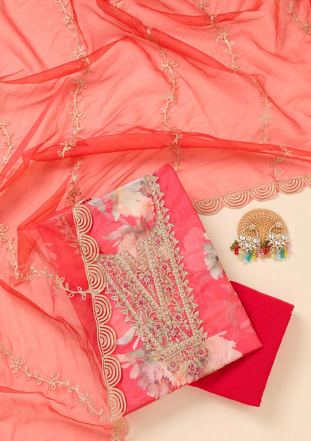 Red Zariwork (Gold) Organza Unstitched Salwar Suit-koskii