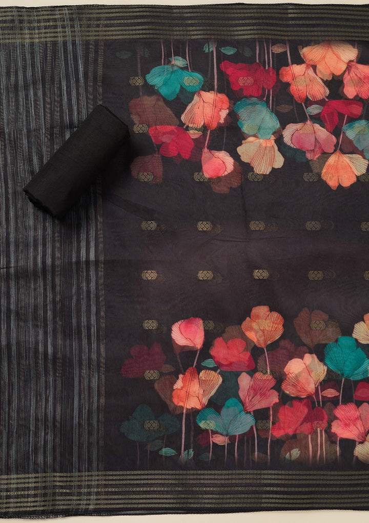 Black Zariwork (Gold) Dola Silk Unstitched Salwar Suit_koskii