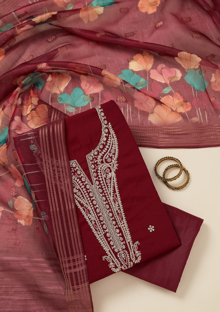 Maroon Zariwork (Gold) Dola Silk Unstitched Salwar Suit_koskii