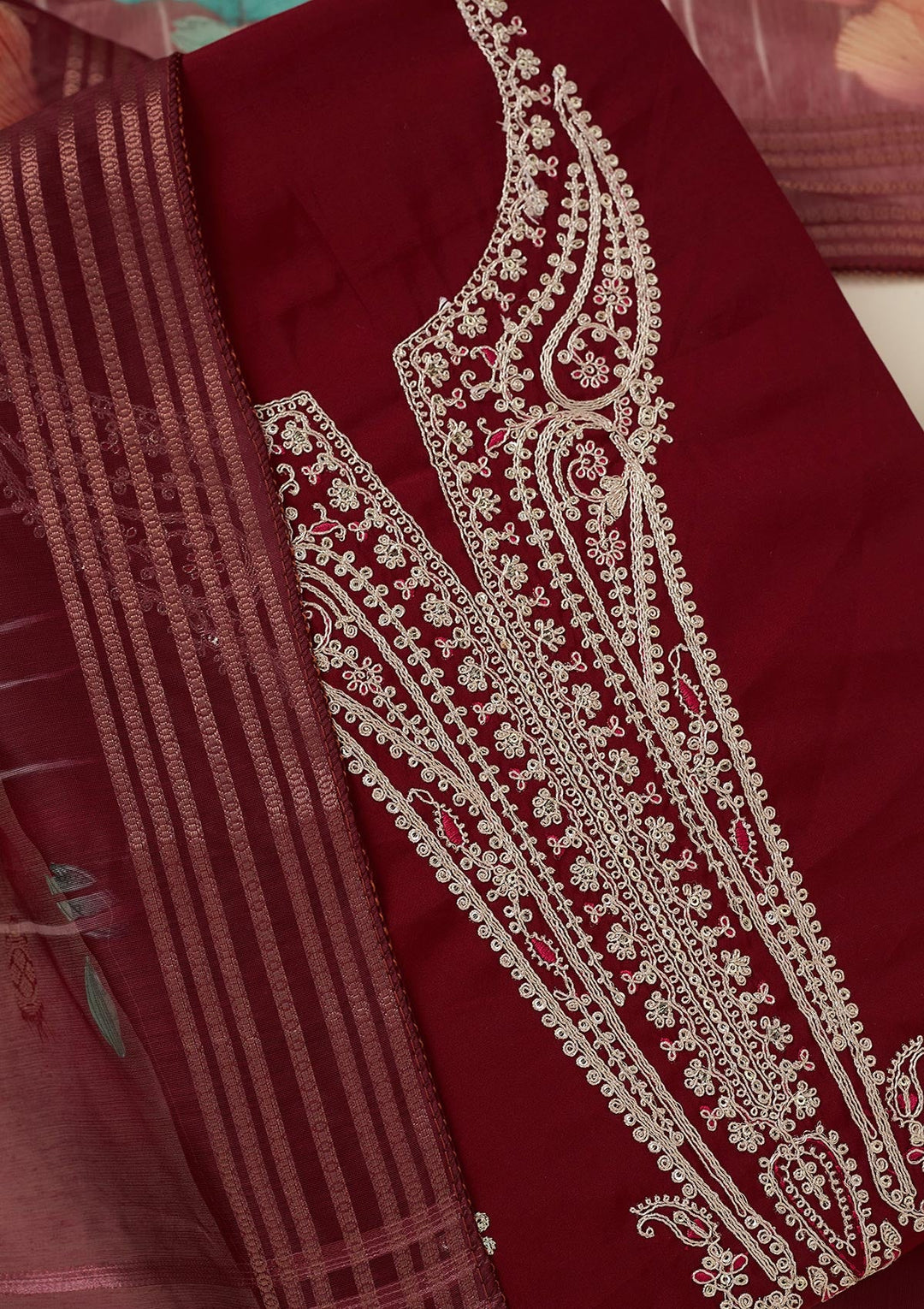 Maroon Zariwork (Gold) Dola Silk Unstitched Salwar Suit_koskii