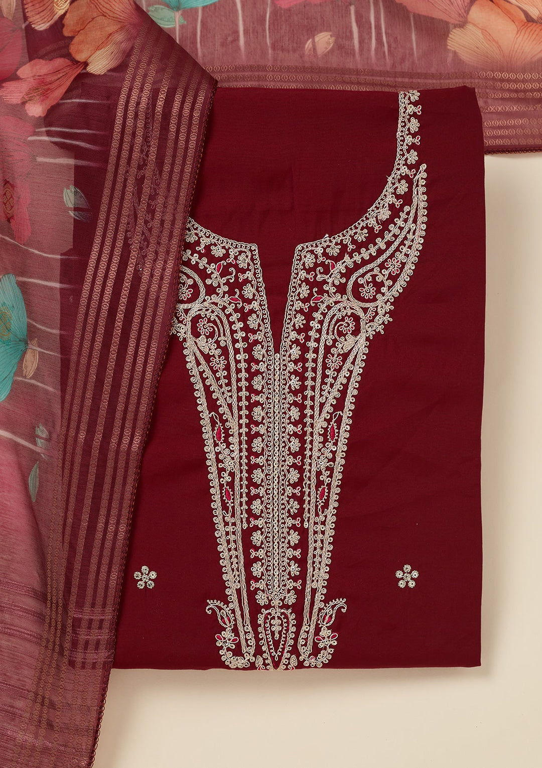 Maroon Zariwork (Gold) Dola Silk Unstitched Salwar Suit_koskii