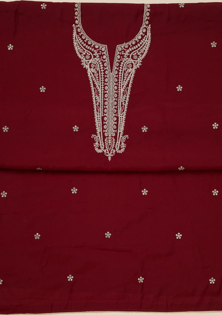 Maroon Zariwork (Gold) Dola Silk Unstitched Salwar Suit_koskii