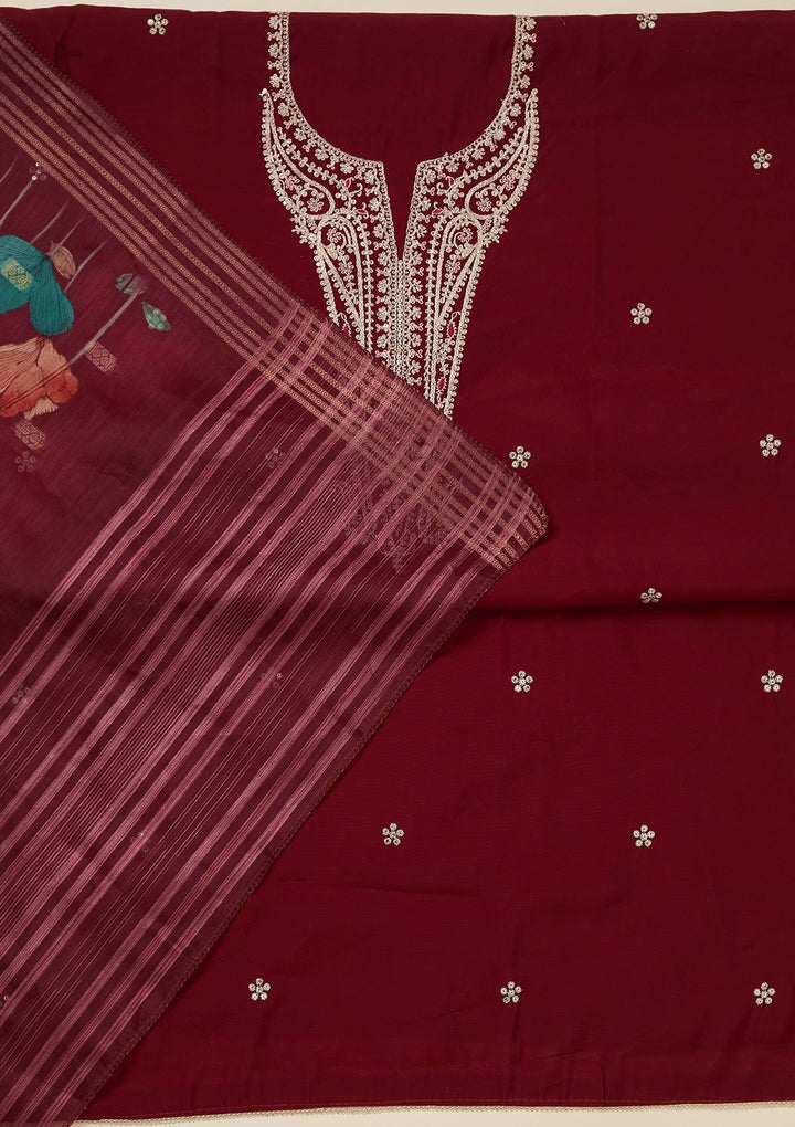 Maroon Zariwork (Gold) Dola Silk Unstitched Salwar Suit_koskii