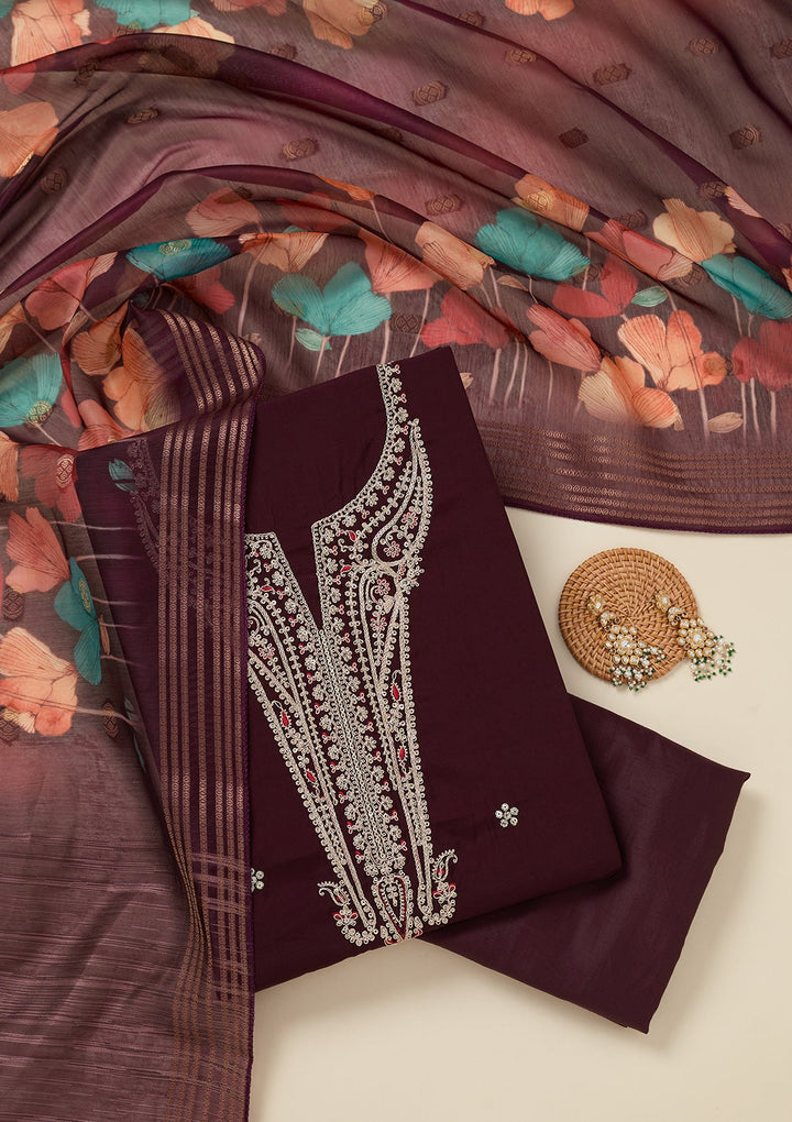 Wine Zariwork (Gold) Dola Silk Unstitched Salwar Suit_koskii