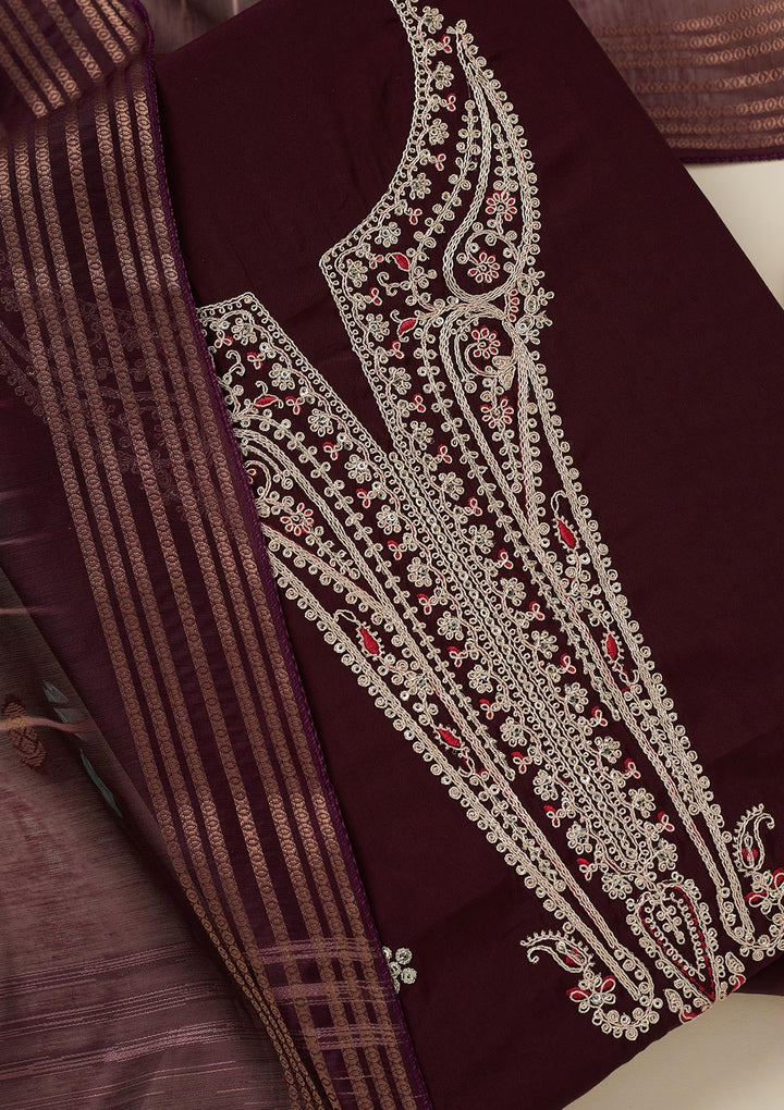Wine Zariwork (Gold) Dola Silk Unstitched Salwar Suit_koskii