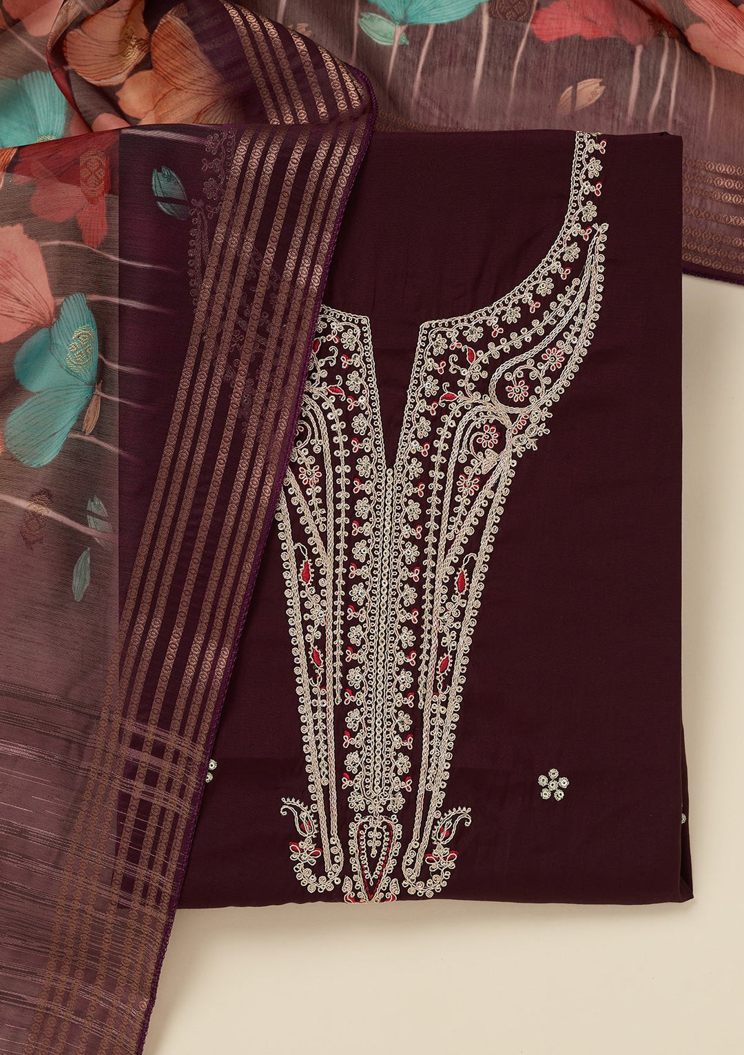 Wine Zariwork (Gold) Dola Silk Unstitched Salwar Suit_koskii