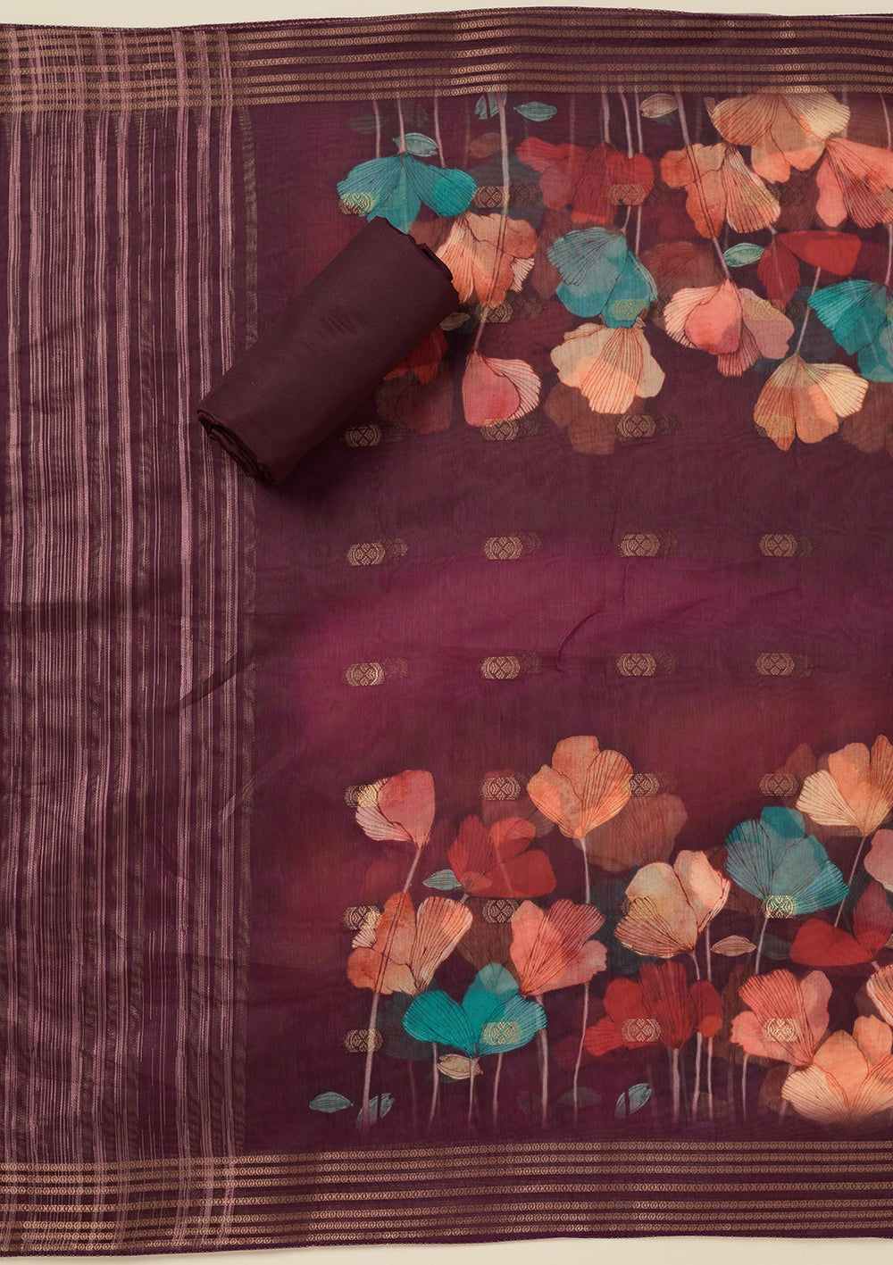 Wine Zariwork (Gold) Dola Silk Unstitched Salwar Suit_koskii