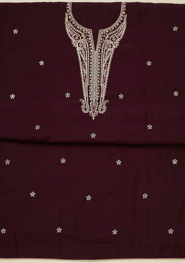 Wine Zariwork (Gold) Dola Silk Unstitched Salwar Suit_koskii