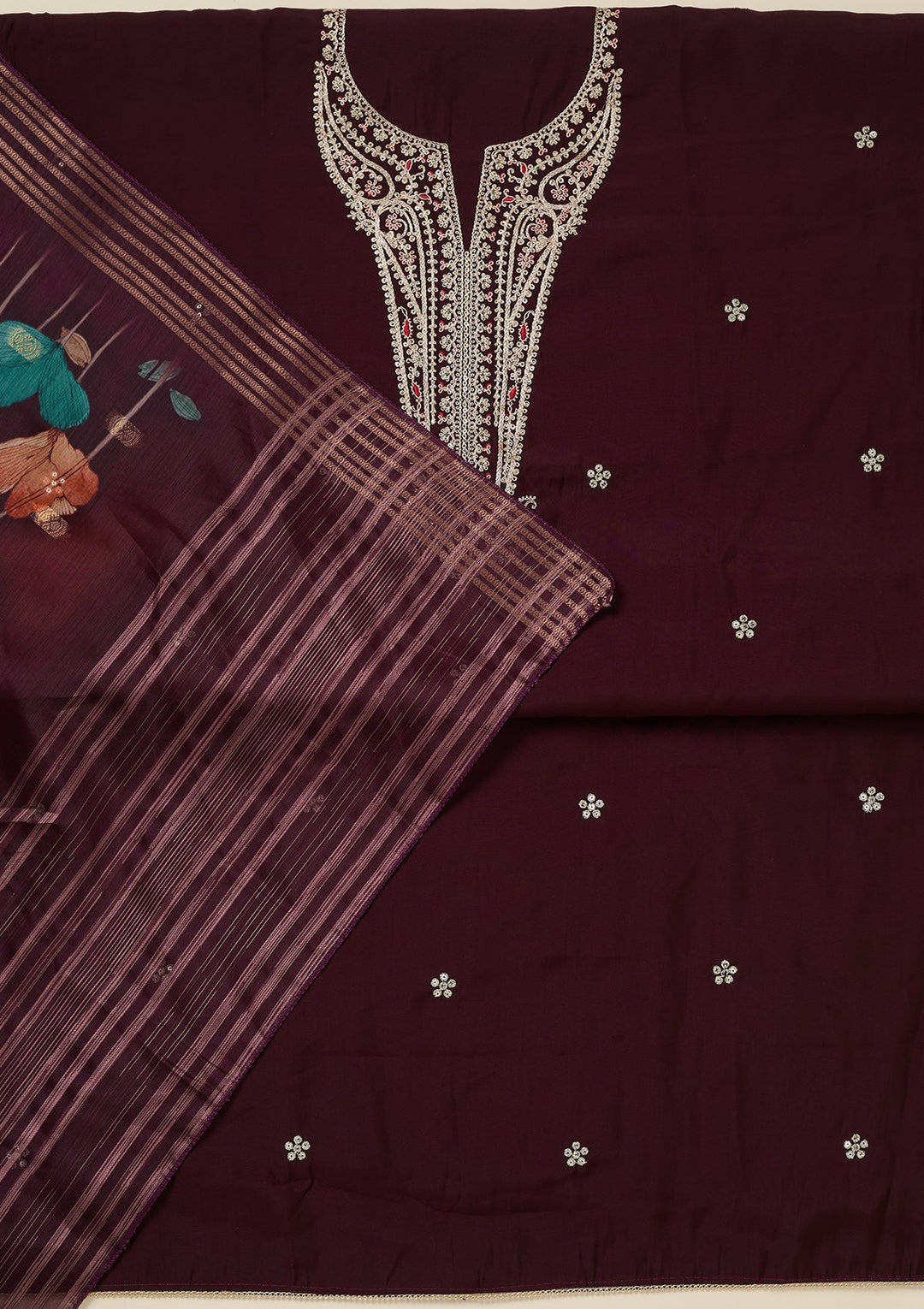 Wine Zariwork (Gold) Dola Silk Unstitched Salwar Suit_koskii