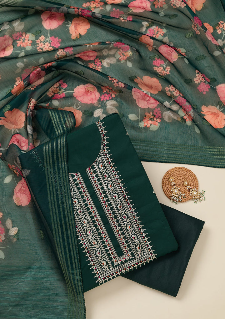 Bottle Green Zariwork (Gold) Dola Silk Unstitched Salwar Suit_koskii