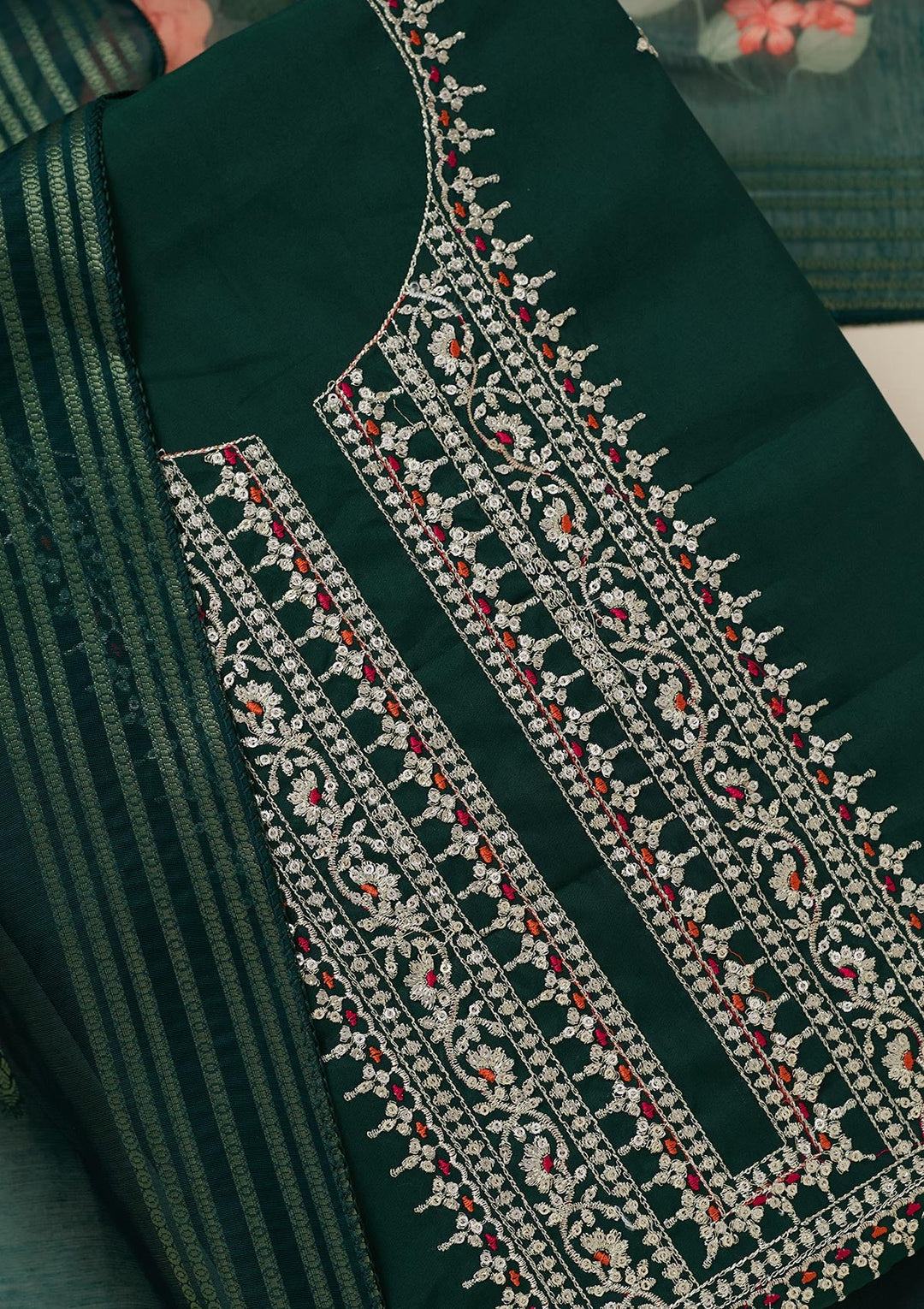 Bottle Green Zariwork (Gold) Dola Silk Unstitched Salwar Suit_koskii