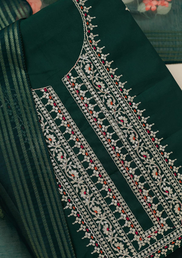 Bottle Green Zariwork (Gold) Dola Silk Unstitched Salwar Suit_koskii