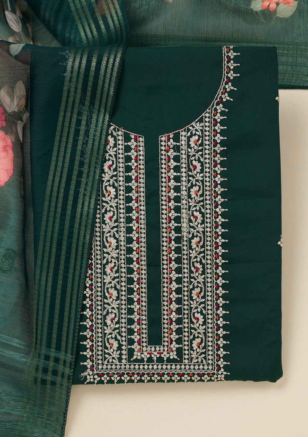 Bottle Green Zariwork (Gold) Dola Silk Unstitched Salwar Suit_koskii