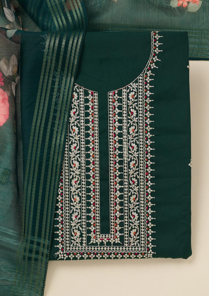 Bottle Green Zariwork (Gold) Dola Silk Unstitched Salwar Suit_koskii