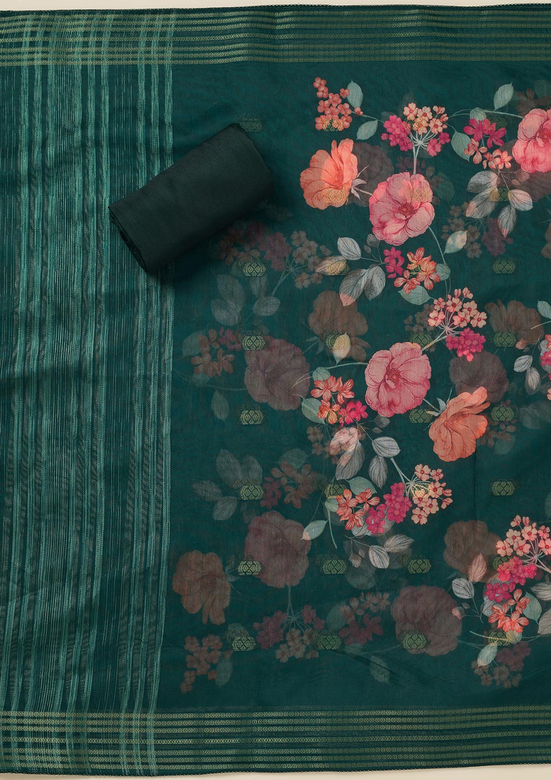 Bottle Green Zariwork (Gold) Dola Silk Unstitched Salwar Suit_koskii